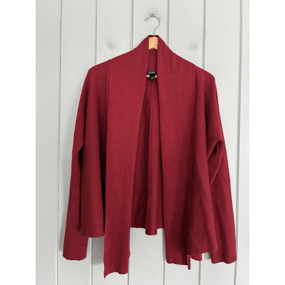 Eileen Fisher Open Front Cardigan Sweater PL Silk Cotton Cranberry Red Waterfall